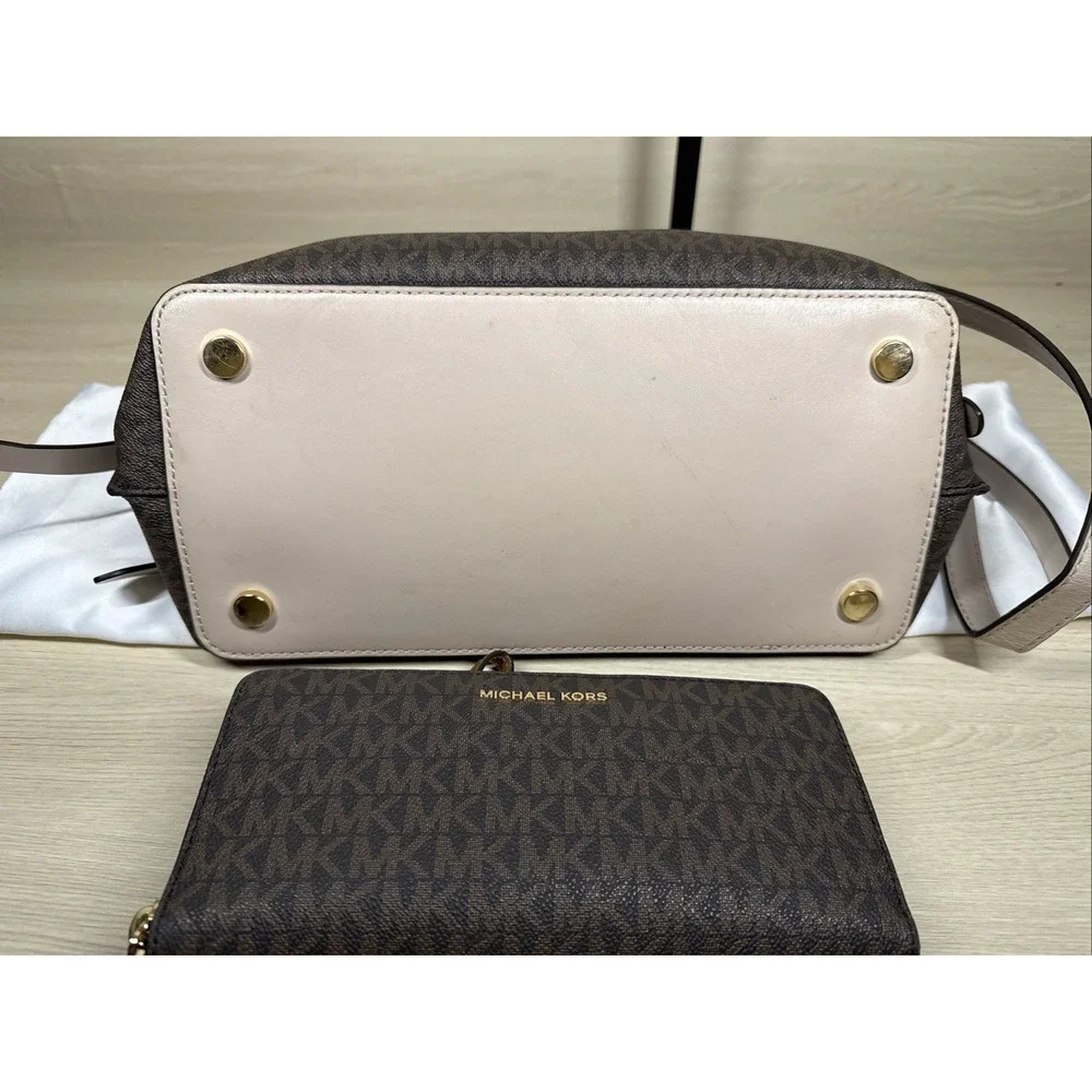 Michael Kors Hamilton Legacy Sm Logo Belted Satchel Pink Brown Crossbody &Wallet